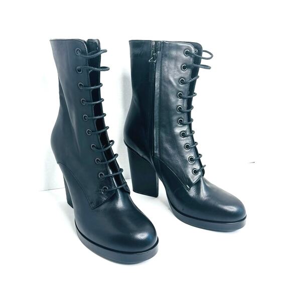 Jil Sander Black Leather Lace-Up Block Heel Ankle Boots EU 40 Classic Edgy Style - Picture 9 of 11